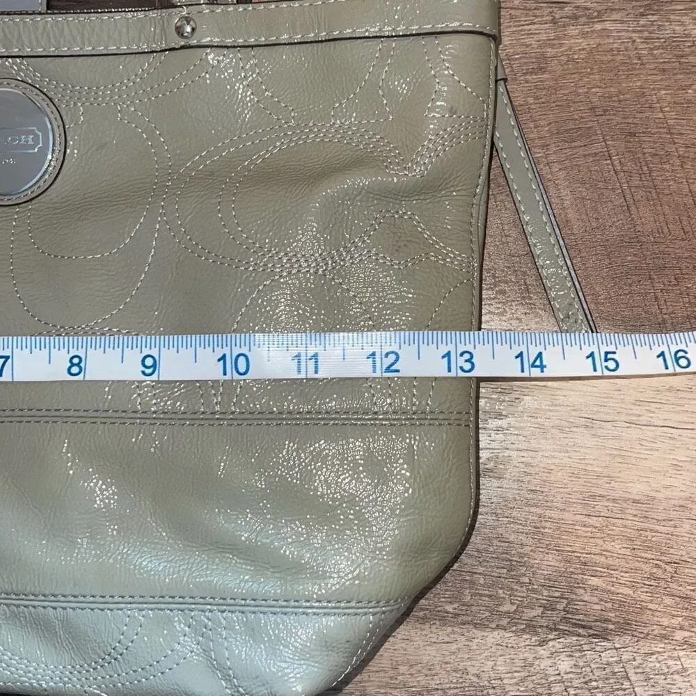 Coach Womens Gross Grain Patent Leather Stitch Tote Shoulder Bag Green Gray Medi